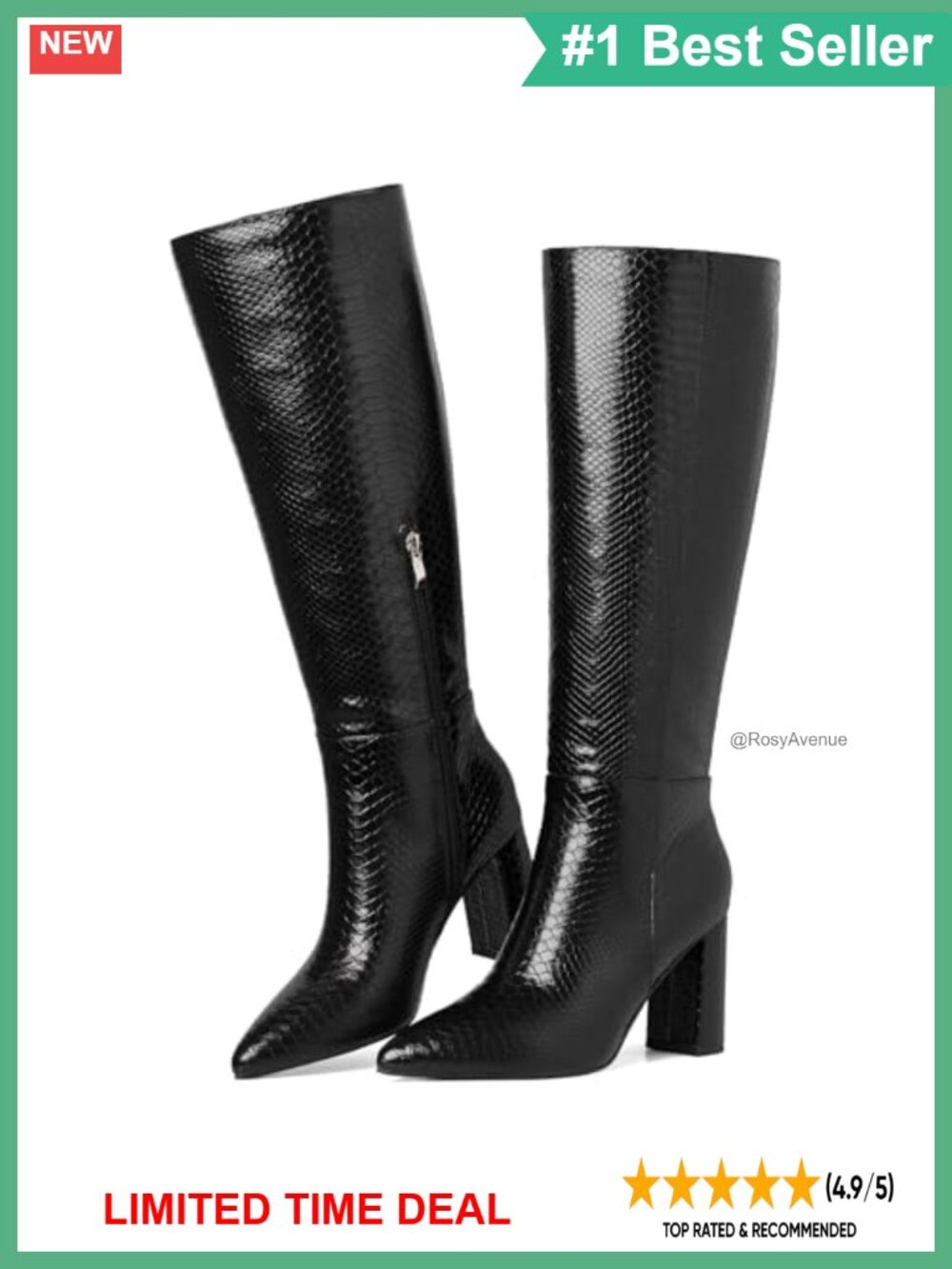Faux Leather Knee High Boots Chunky Heel Pointed Toe Side Zip